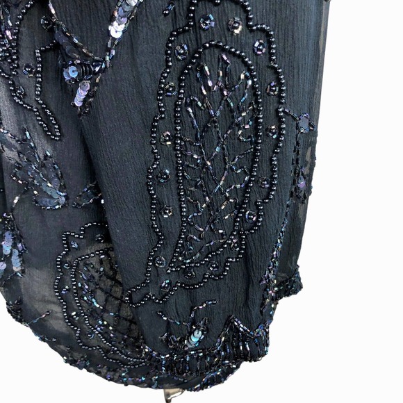 Vintage Judith Ann Embellished Blouse Black Silk Iridescent Sequins Beads Small - Picture 11 of 12